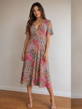 Emma & Michele Patchwork Midi Dress Large Keyhole Back Tie Boho Flutter Sleeve